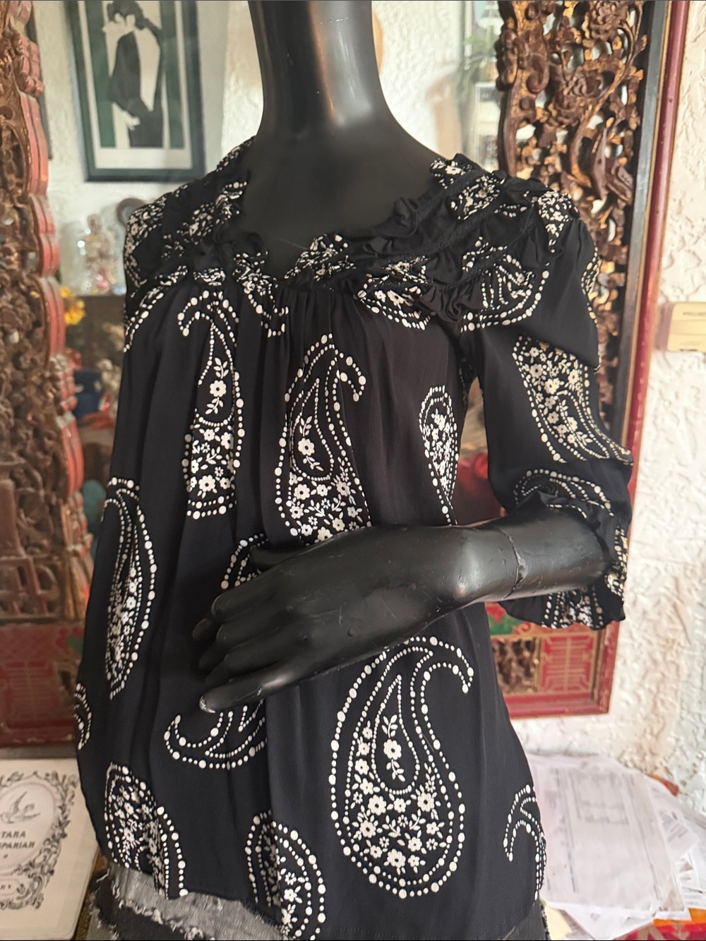 Women’s Black Paisley Off-Shoulder Blouse